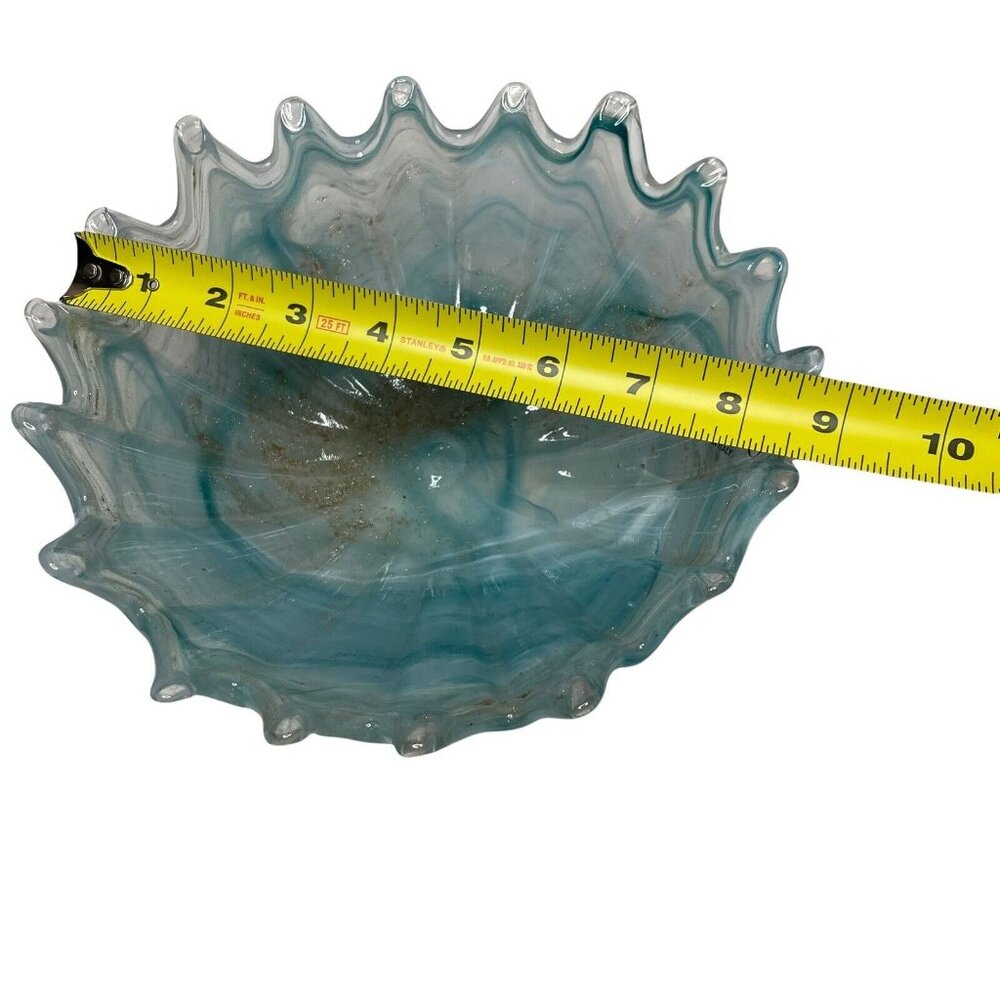 Murano Art Glass Wave Bowl Light Blue 24k Gold Flecked 8.5” Scalloped Edge MCM - Picture 7 of 8